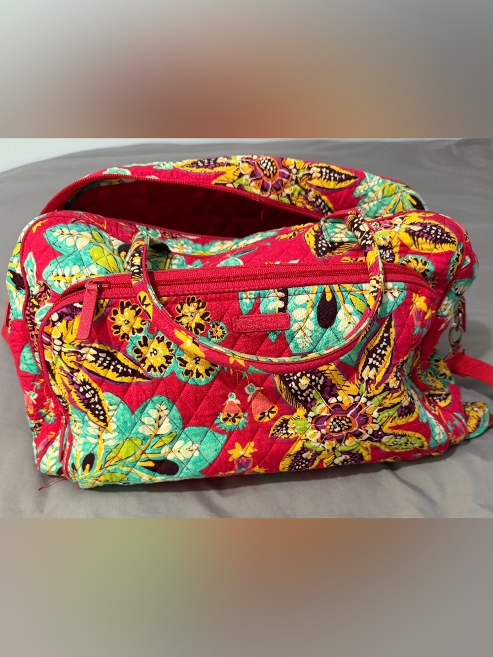Vera Bradley Quilted Floral Tote in Red with Teal Accents